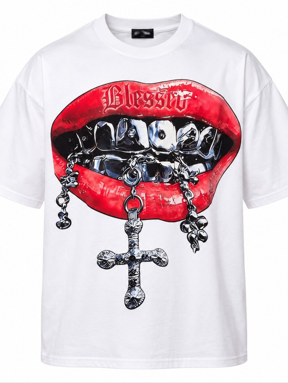White Short-Sleeve Tee with Red Lip and Cross Chain Graphic